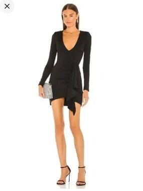 Revolve Superdown Martyna Deep V Dress Black mini ruffle long sleeves ruching M